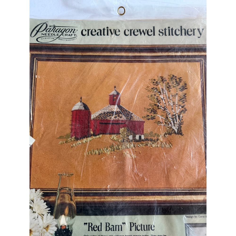 VTG Paragon Needlecraft Red Barn Crewel Kit Embroidery Farmhouse Americana